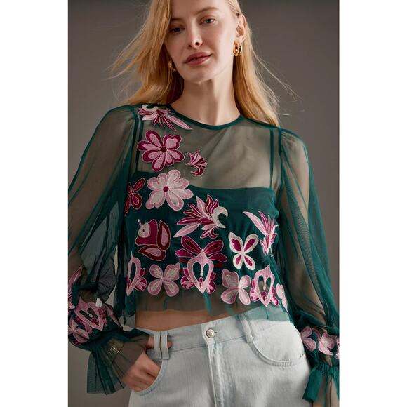 nwt by ANTHROPOLOGIE sz 1X Long Sleeve Embroidered Mesh Top - Picture 1 of 5